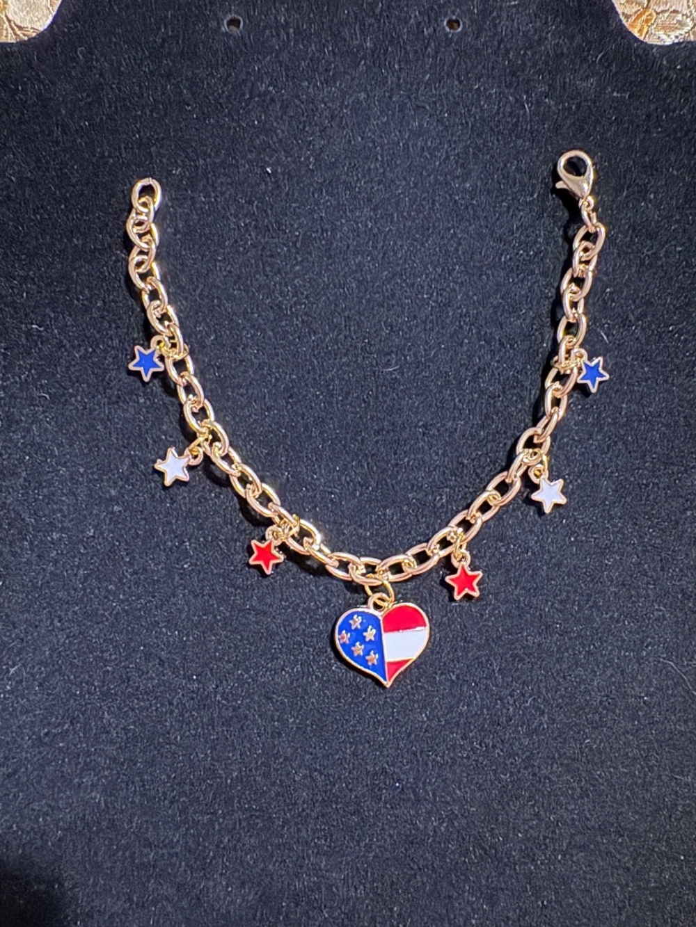 Patriotic Heart Flag & Star Charm Bracelet Gold Tone - Parky’s Place Handmade